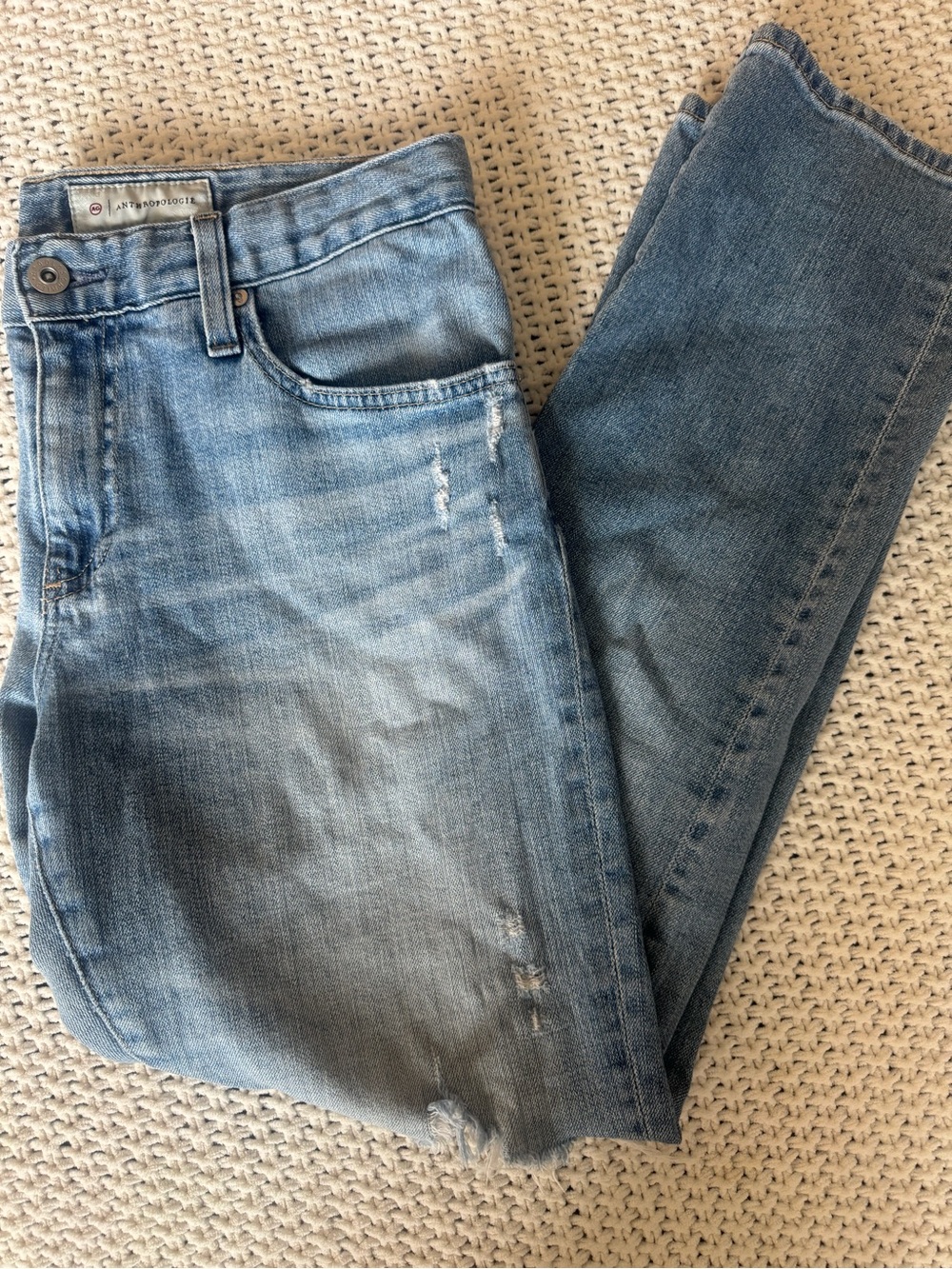 AG x Anthropologie Slim Straight Distressed Jeans Light Wash 29R